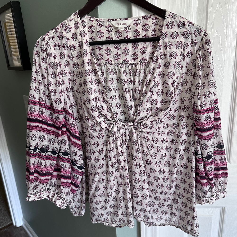 SALE — PER UNA (M&S) Floral Cotton Peasant Blouse - Pink and Cream Floral - XL